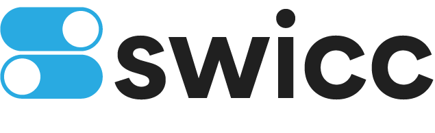 SWICC logo in black with blue toggle switch