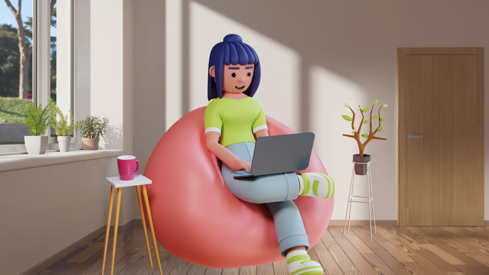 Animated girl working from home in a bean bag chair